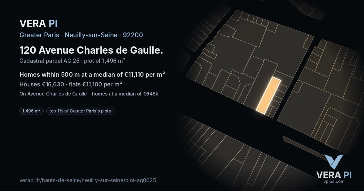 120 Avenue Charles de Gaulle, Neuilly-sur-Seine at night – the plot lit, the parcels around coloured by the prices near them