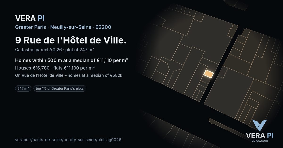 9 Rue de l'Hôtel de Ville, Neuilly-sur-Seine at night – the plot lit, the parcels around coloured by the prices near them