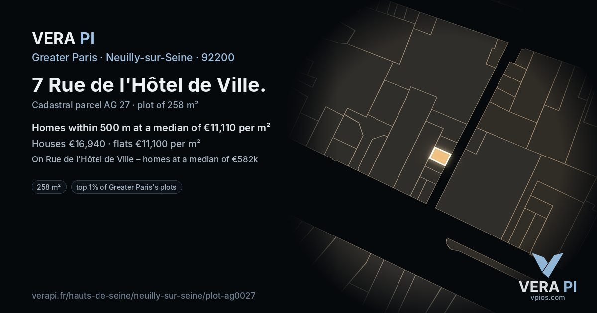 7 Rue de l'Hôtel de Ville, Neuilly-sur-Seine at night – the plot lit, the parcels around coloured by the prices near them