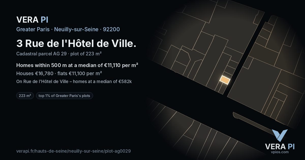 3 Rue de l'Hôtel de Ville, Neuilly-sur-Seine at night – the plot lit, the parcels around coloured by the prices near them