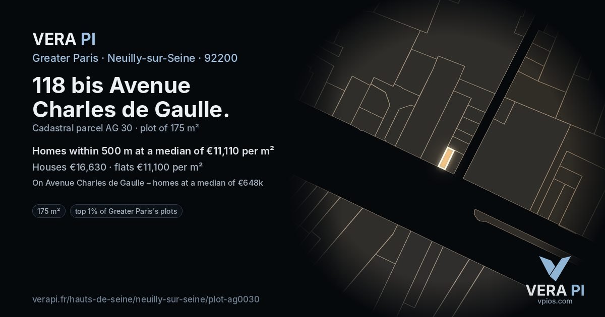 118 bis Avenue Charles de Gaulle, Neuilly-sur-Seine at night – the plot lit, the parcels around coloured by the prices near them
