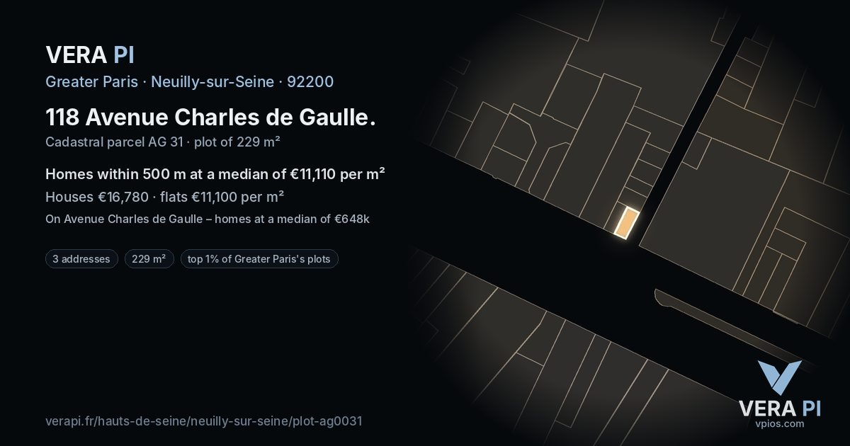 118 Avenue Charles de Gaulle, Neuilly-sur-Seine at night – the plot lit, the parcels around coloured by the prices near them