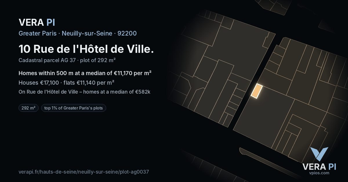 10 Rue de l'Hôtel de Ville, Neuilly-sur-Seine at night – the plot lit, the parcels around coloured by the prices near them