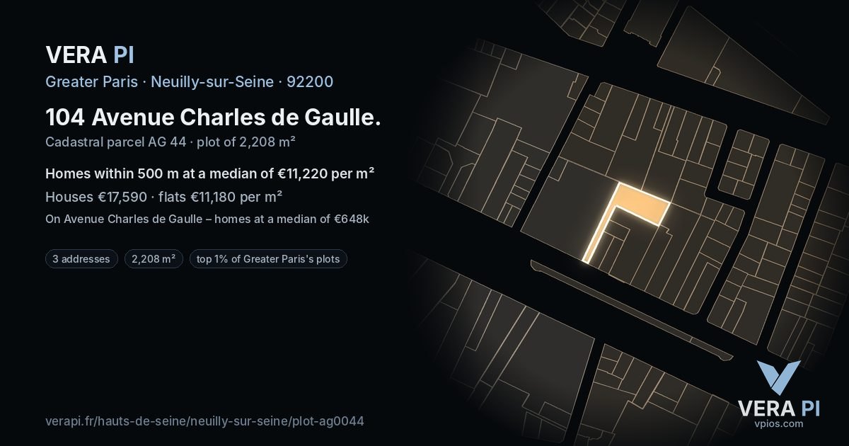 104 Avenue Charles de Gaulle, Neuilly-sur-Seine at night – the plot lit, the parcels around coloured by the prices near them