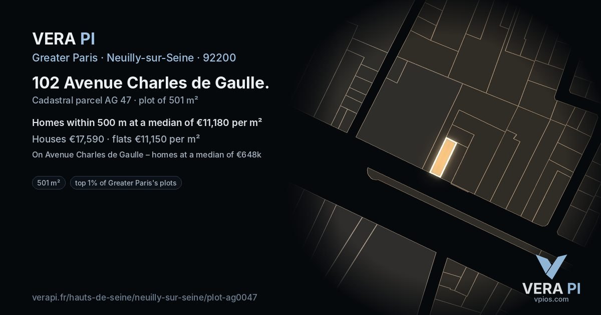 102 Avenue Charles de Gaulle, Neuilly-sur-Seine at night – the plot lit, the parcels around coloured by the prices near them
