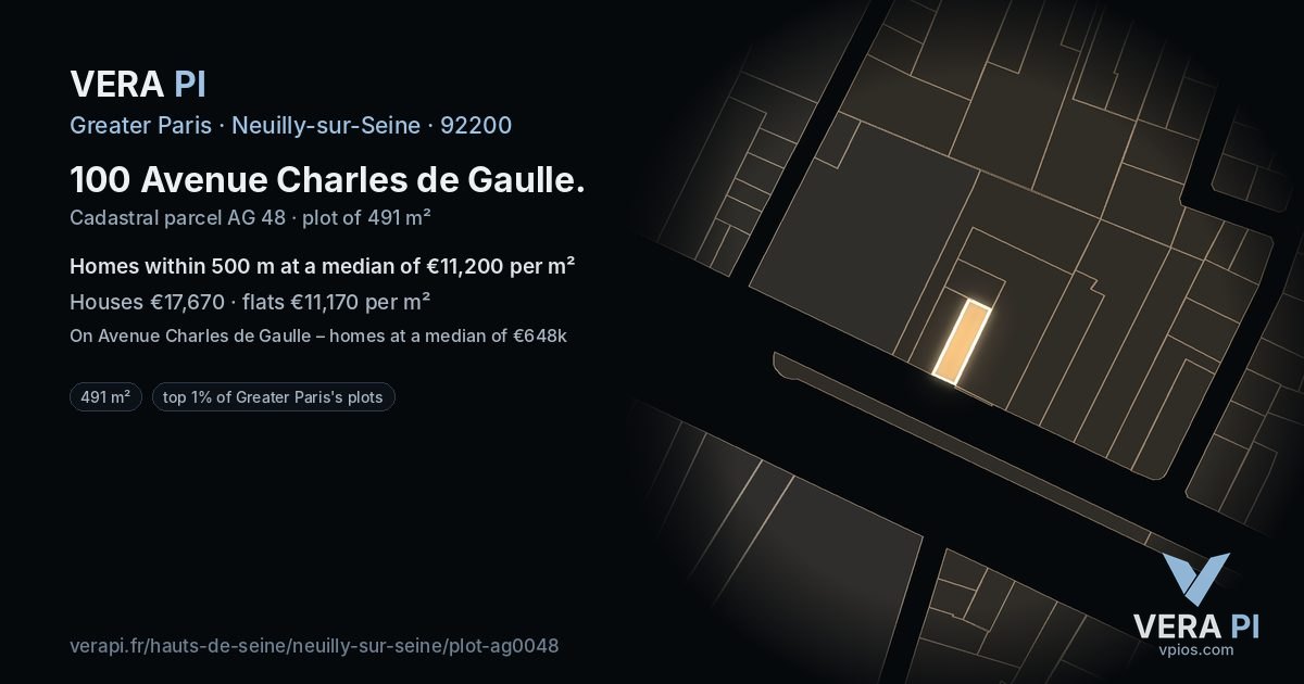 100 Avenue Charles de Gaulle, Neuilly-sur-Seine at night – the plot lit, the parcels around coloured by the prices near them