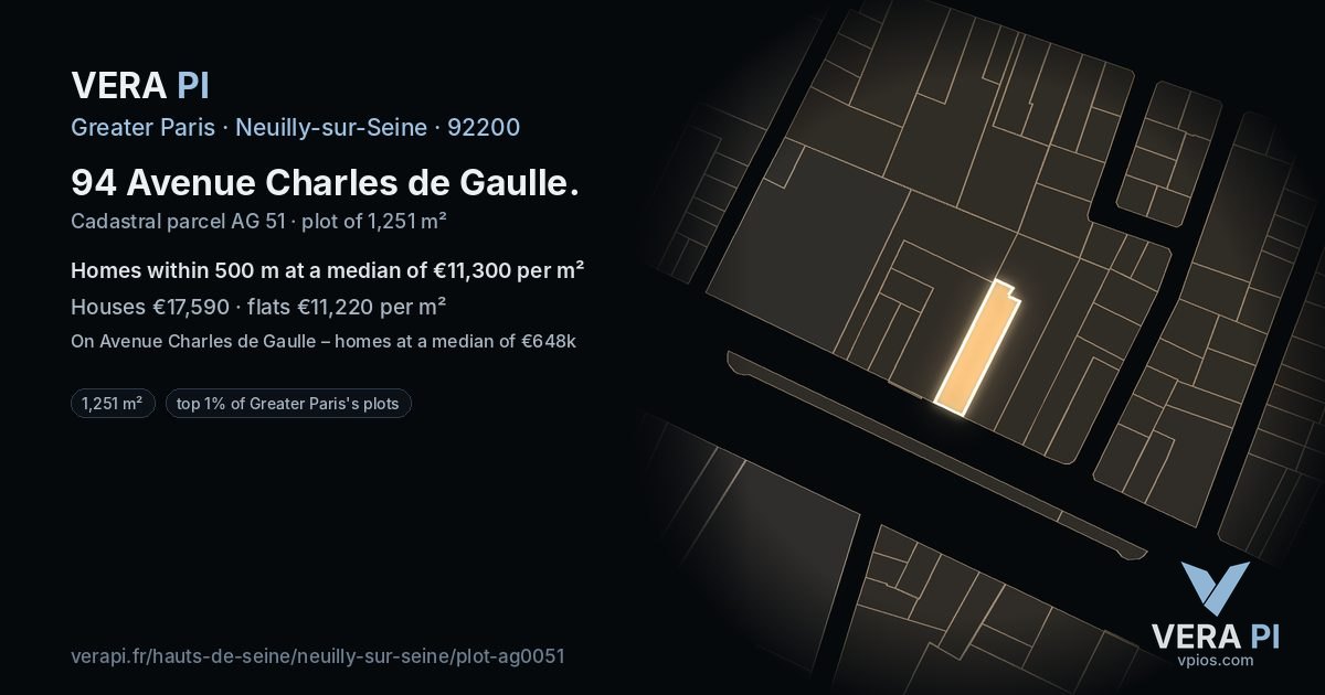 94 Avenue Charles de Gaulle, Neuilly-sur-Seine at night – the plot lit, the parcels around coloured by the prices near them