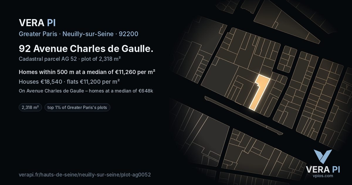 92 Avenue Charles de Gaulle, Neuilly-sur-Seine at night – the plot lit, the parcels around coloured by the prices near them