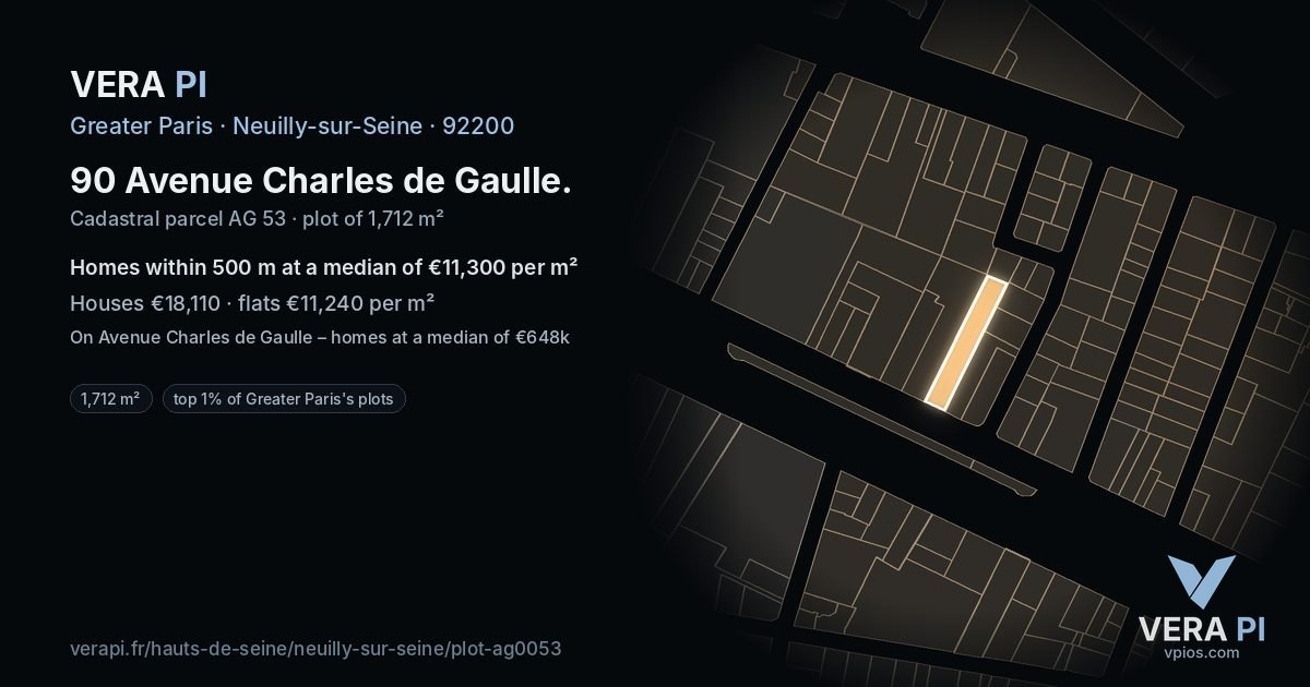 90 Avenue Charles de Gaulle, Neuilly-sur-Seine at night – the plot lit, the parcels around coloured by the prices near them