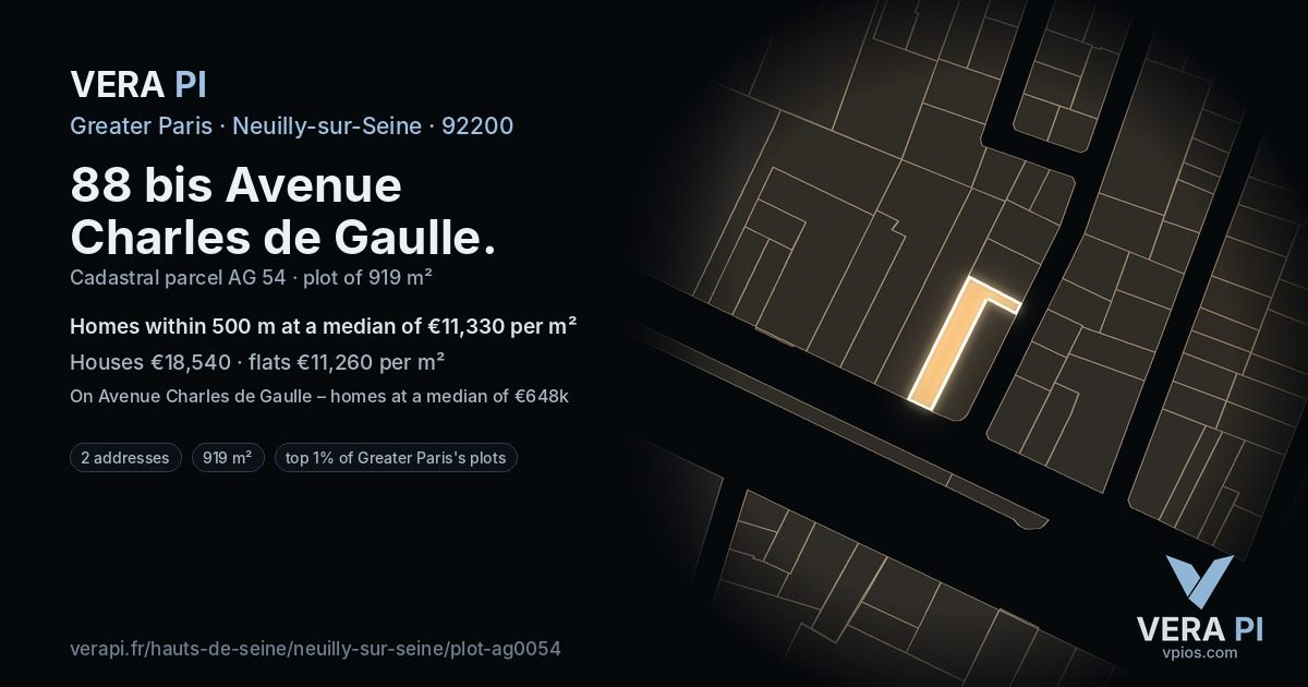 88 bis Avenue Charles de Gaulle, Neuilly-sur-Seine at night – the plot lit, the parcels around coloured by the prices near them