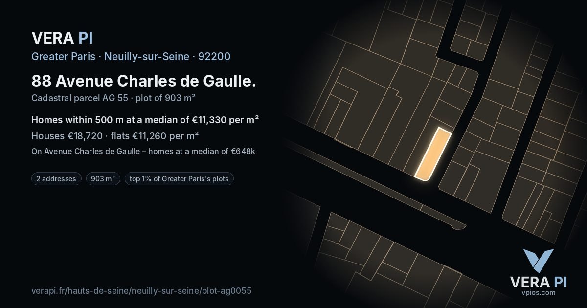 88 Avenue Charles de Gaulle, Neuilly-sur-Seine at night – the plot lit, the parcels around coloured by the prices near them