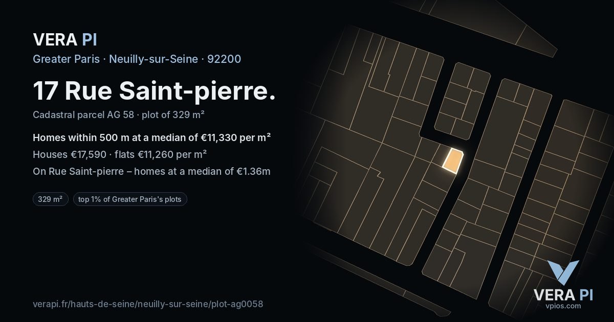 17 Rue Saint-pierre, Neuilly-sur-Seine at night – the plot lit, the parcels around coloured by the prices near them