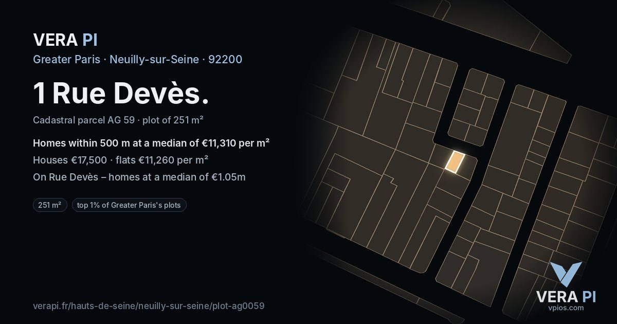 1 Rue Devès, Neuilly-sur-Seine at night – the plot lit, the parcels around coloured by the prices near them