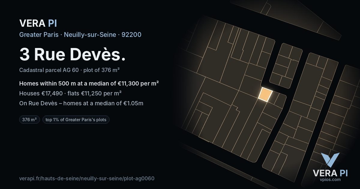 3 Rue Devès, Neuilly-sur-Seine at night – the plot lit, the parcels around coloured by the prices near them