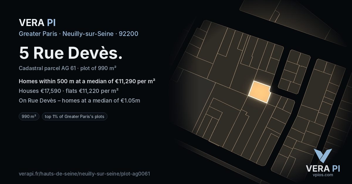 5 Rue Devès, Neuilly-sur-Seine at night – the plot lit, the parcels around coloured by the prices near them
