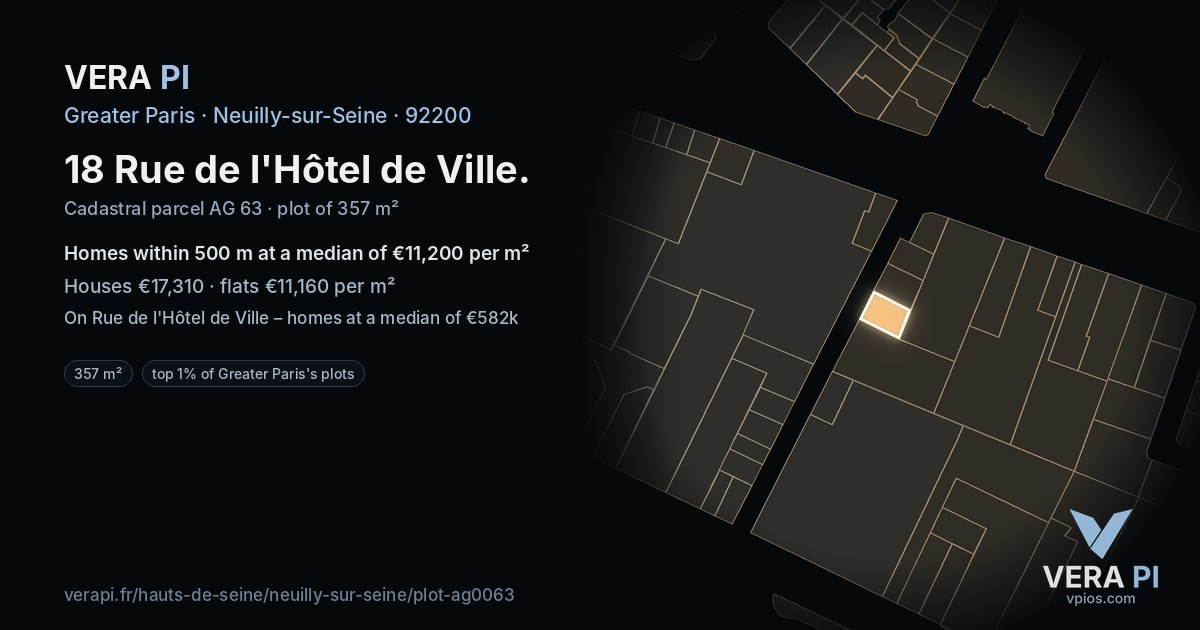18 Rue de l'Hôtel de Ville, Neuilly-sur-Seine at night – the plot lit, the parcels around coloured by the prices near them