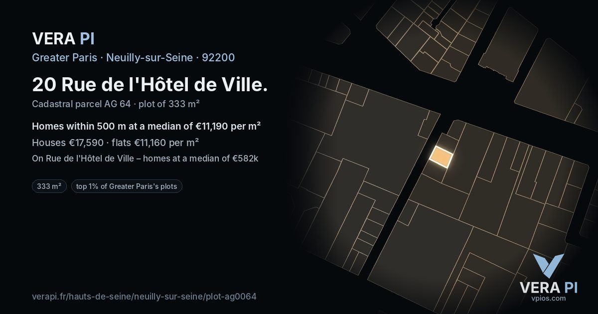 20 Rue de l'Hôtel de Ville, Neuilly-sur-Seine at night – the plot lit, the parcels around coloured by the prices near them