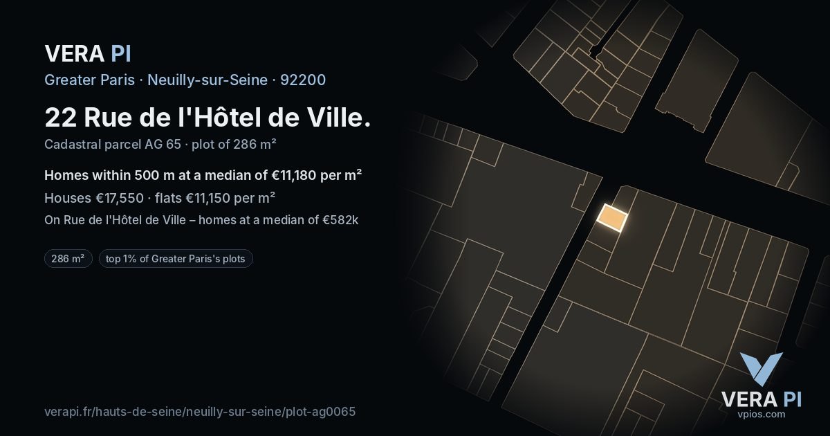 22 Rue de l'Hôtel de Ville, Neuilly-sur-Seine at night – the plot lit, the parcels around coloured by the prices near them