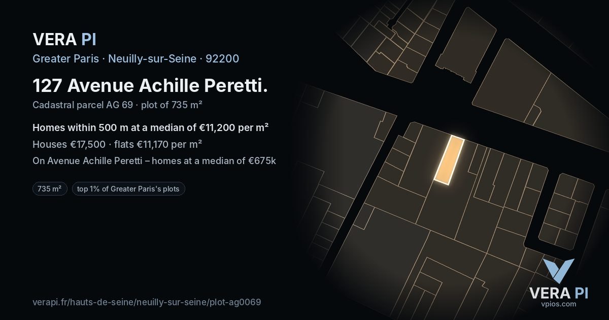 127 Avenue Achille Peretti, Neuilly-sur-Seine at night – the plot lit, the parcels around coloured by the prices near them