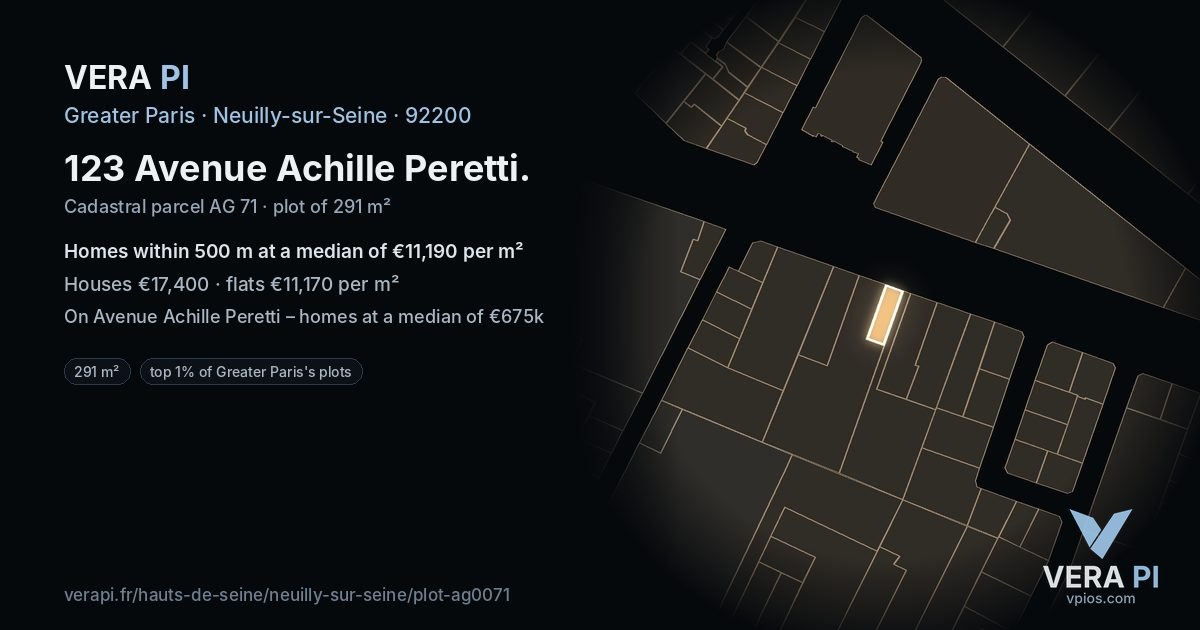 123 Avenue Achille Peretti, Neuilly-sur-Seine at night – the plot lit, the parcels around coloured by the prices near them