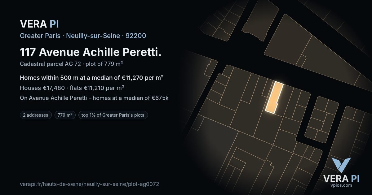 117 Avenue Achille Peretti, Neuilly-sur-Seine at night – the plot lit, the parcels around coloured by the prices near them
