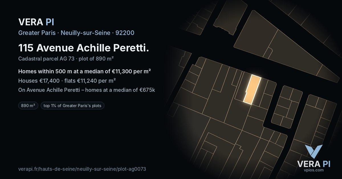 115 Avenue Achille Peretti, Neuilly-sur-Seine at night – the plot lit, the parcels around coloured by the prices near them