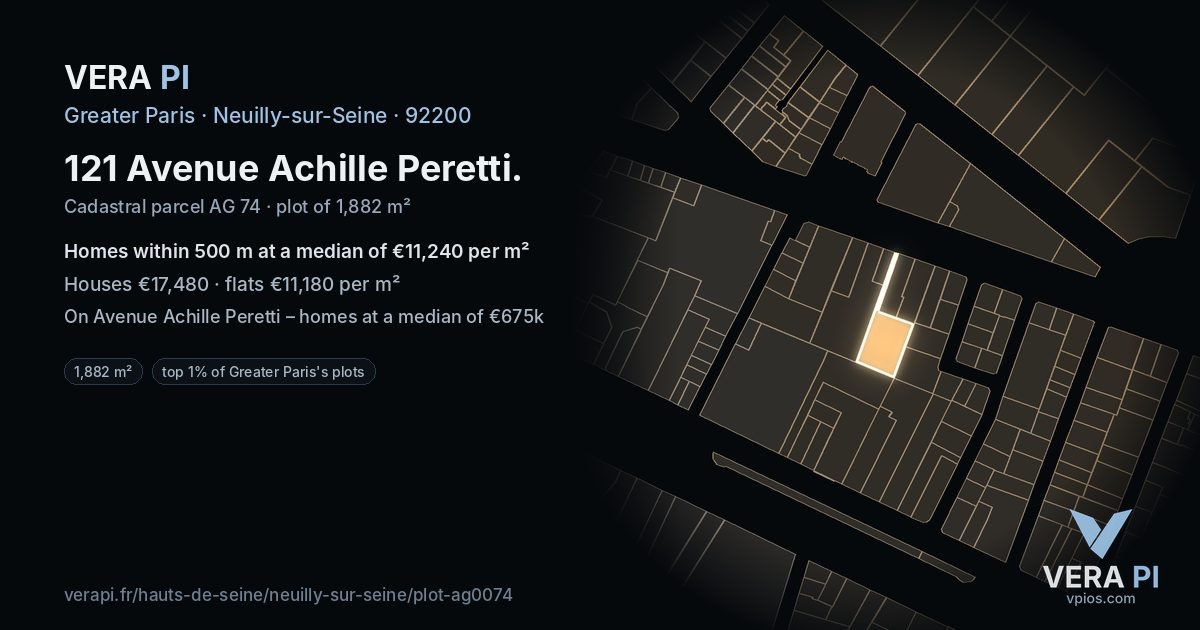 121 Avenue Achille Peretti, Neuilly-sur-Seine at night – the plot lit, the parcels around coloured by the prices near them