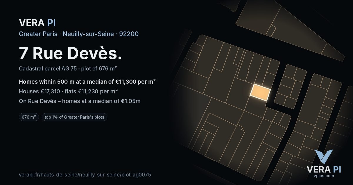 7 Rue Devès, Neuilly-sur-Seine at night – the plot lit, the parcels around coloured by the prices near them