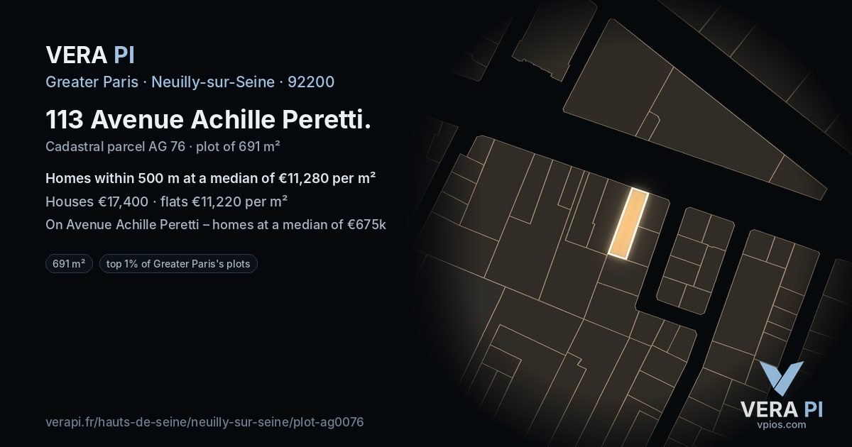 113 Avenue Achille Peretti, Neuilly-sur-Seine at night – the plot lit, the parcels around coloured by the prices near them