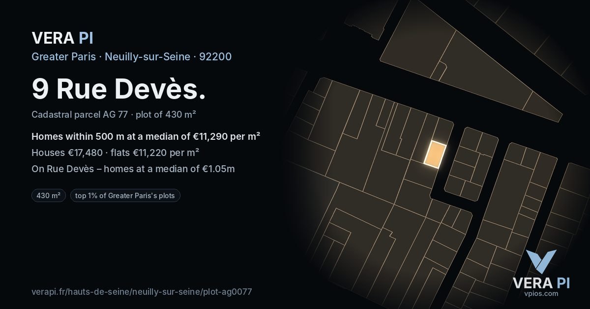 9 Rue Devès, Neuilly-sur-Seine at night – the plot lit, the parcels around coloured by the prices near them