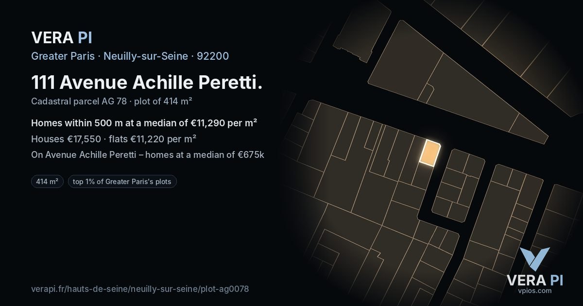 111 Avenue Achille Peretti, Neuilly-sur-Seine at night – the plot lit, the parcels around coloured by the prices near them