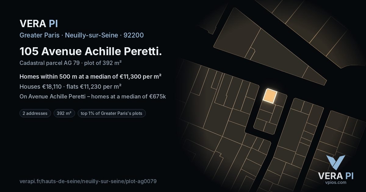 105 Avenue Achille Peretti, Neuilly-sur-Seine at night – the plot lit, the parcels around coloured by the prices near them
