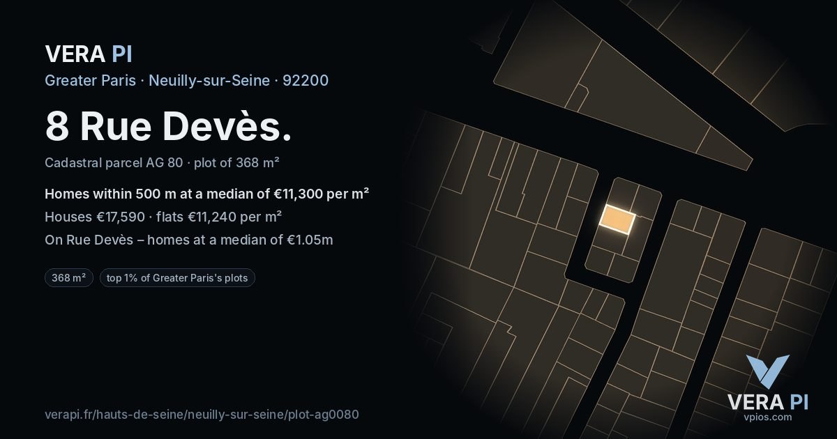 8 Rue Devès, Neuilly-sur-Seine at night – the plot lit, the parcels around coloured by the prices near them