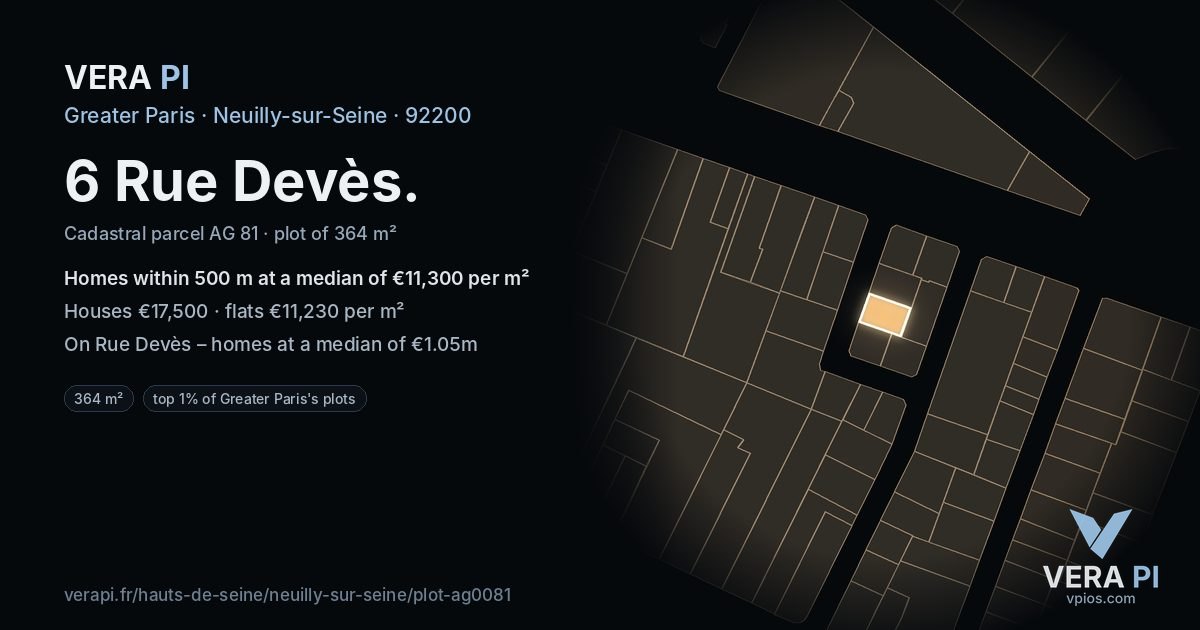 6 Rue Devès, Neuilly-sur-Seine at night – the plot lit, the parcels around coloured by the prices near them