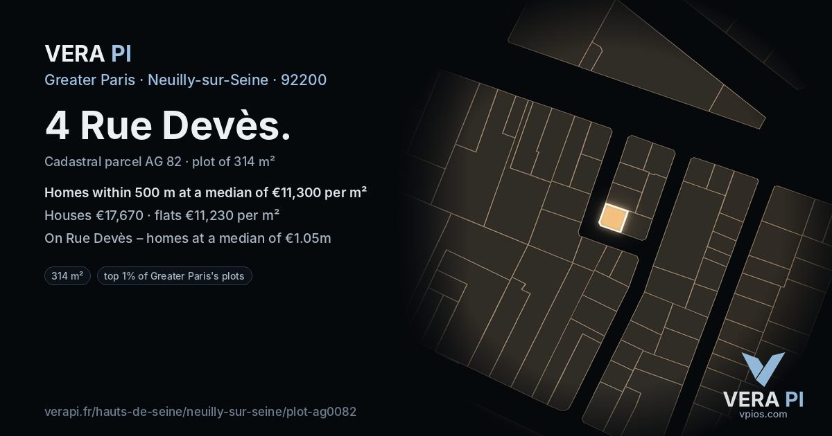 4 Rue Devès, Neuilly-sur-Seine at night – the plot lit, the parcels around coloured by the prices near them