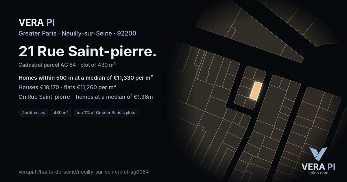 21 Rue Saint-pierre, Neuilly-sur-Seine at night – the plot lit, the parcels around coloured by the prices near them