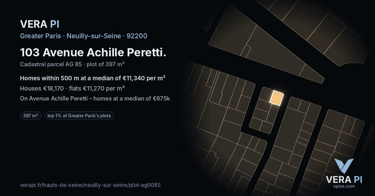 103 Avenue Achille Peretti, Neuilly-sur-Seine at night – the plot lit, the parcels around coloured by the prices near them
