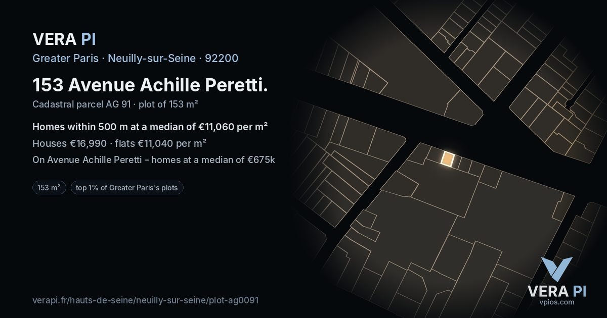 153 Avenue Achille Peretti, Neuilly-sur-Seine at night – the plot lit, the parcels around coloured by the prices near them