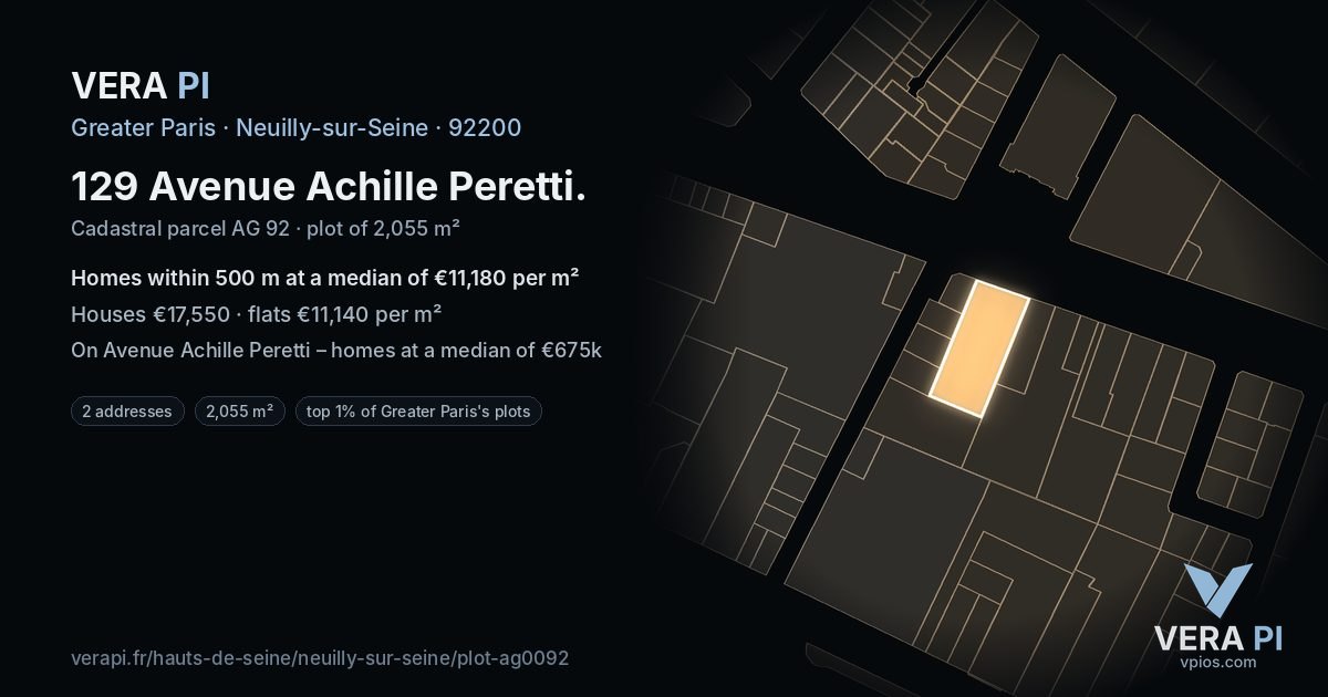 129 Avenue Achille Peretti, Neuilly-sur-Seine at night – the plot lit, the parcels around coloured by the prices near them