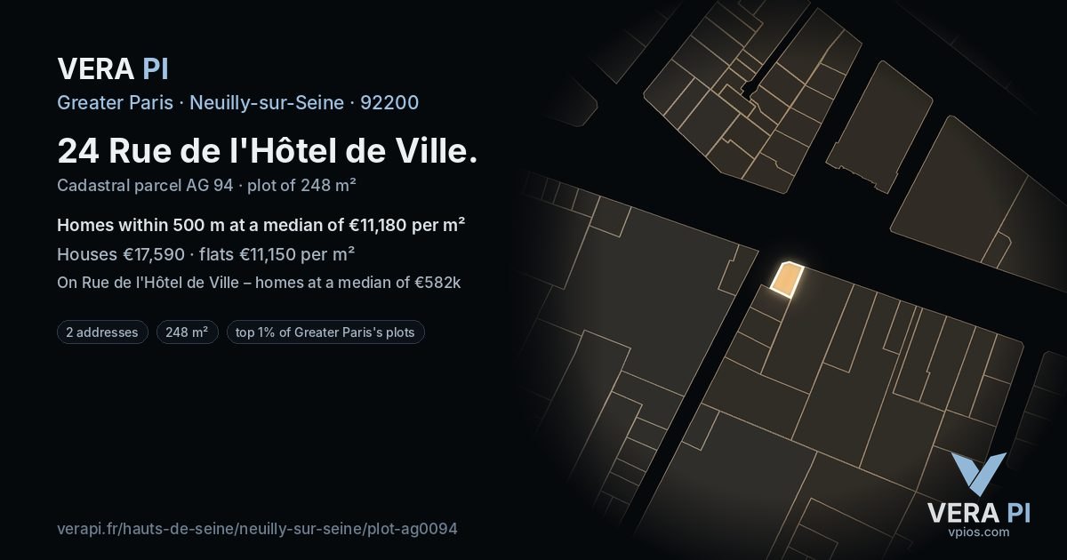 24 Rue de l'Hôtel de Ville, Neuilly-sur-Seine at night – the plot lit, the parcels around coloured by the prices near them