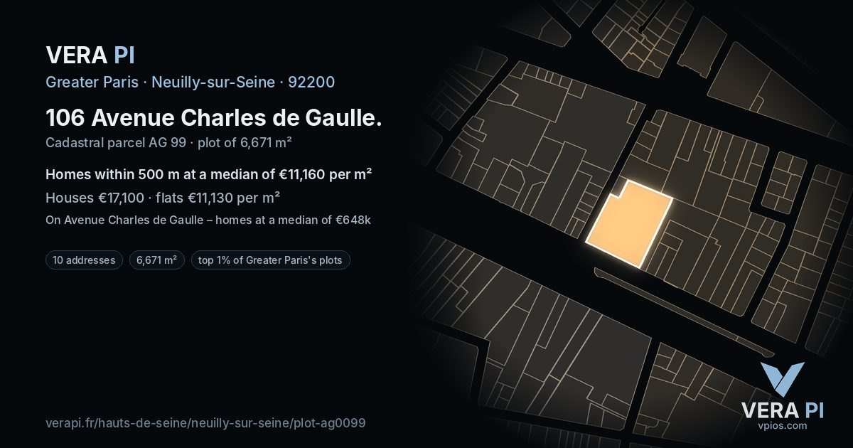 106 Avenue Charles de Gaulle, Neuilly-sur-Seine at night – the plot lit, the parcels around coloured by the prices near them