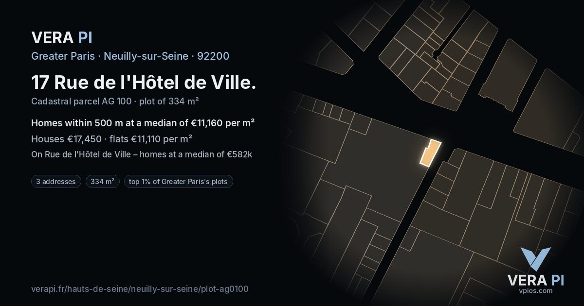 17 Rue de l'Hôtel de Ville, Neuilly-sur-Seine at night – the plot lit, the parcels around coloured by the prices near them