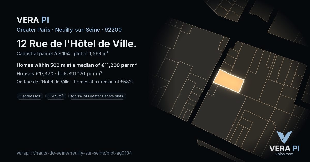 12 Rue de l'Hôtel de Ville, Neuilly-sur-Seine at night – the plot lit, the parcels around coloured by the prices near them