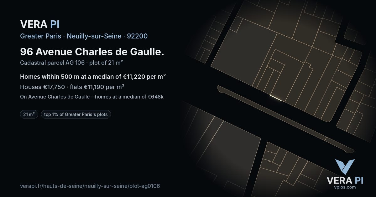 96 Avenue Charles de Gaulle, Neuilly-sur-Seine at night – the plot lit, the parcels around coloured by the prices near them
