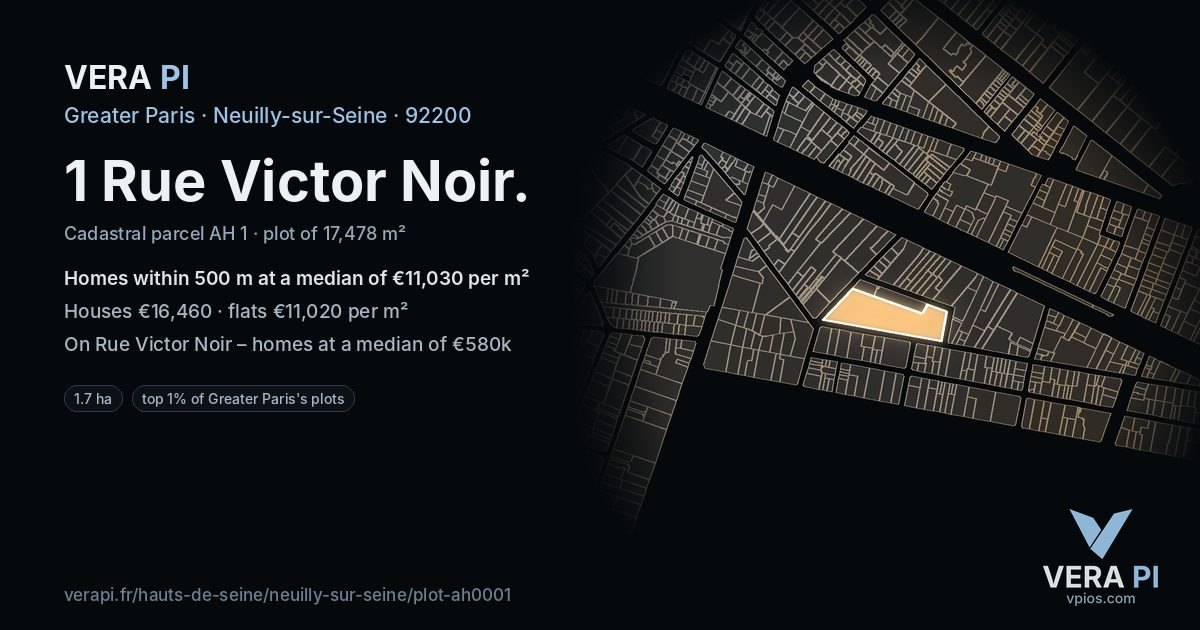 1 Rue Victor Noir, Neuilly-sur-Seine at night – the plot lit, the parcels around coloured by the prices near them