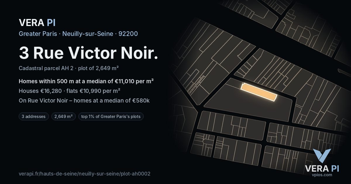 3 Rue Victor Noir, Neuilly-sur-Seine at night – the plot lit, the parcels around coloured by the prices near them