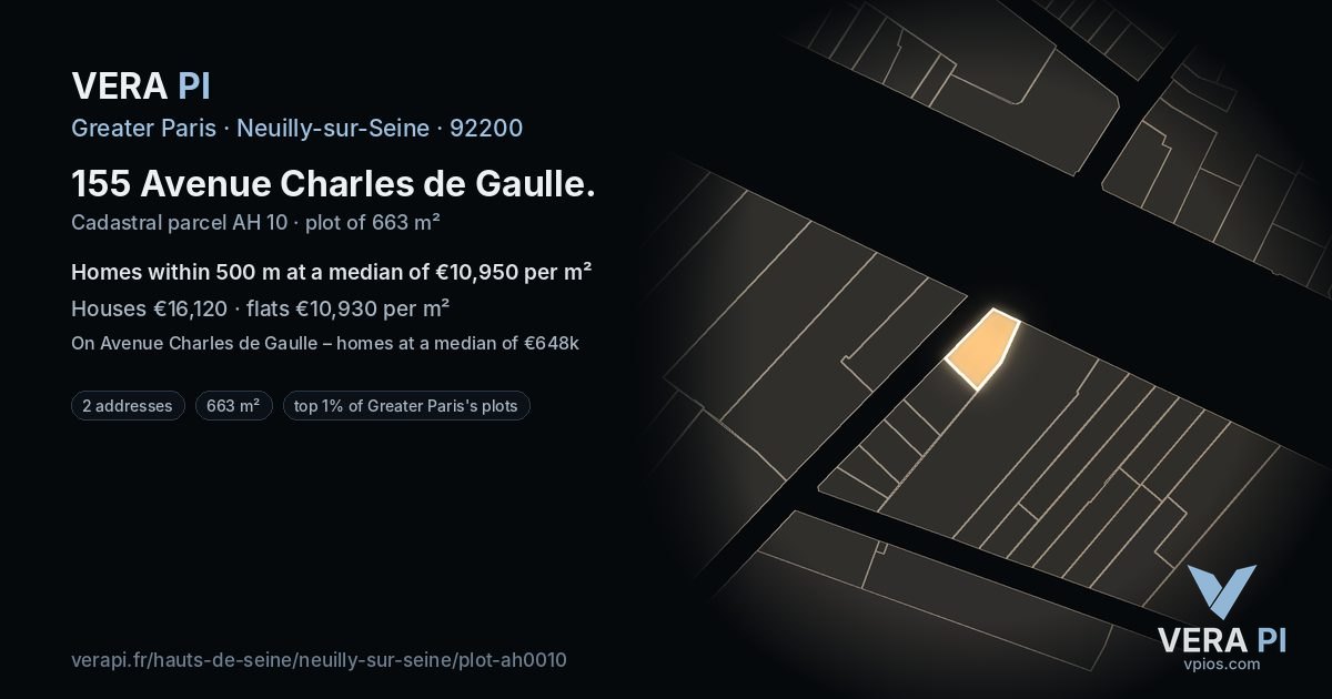 155 Avenue Charles de Gaulle, Neuilly-sur-Seine at night – the plot lit, the parcels around coloured by the prices near them