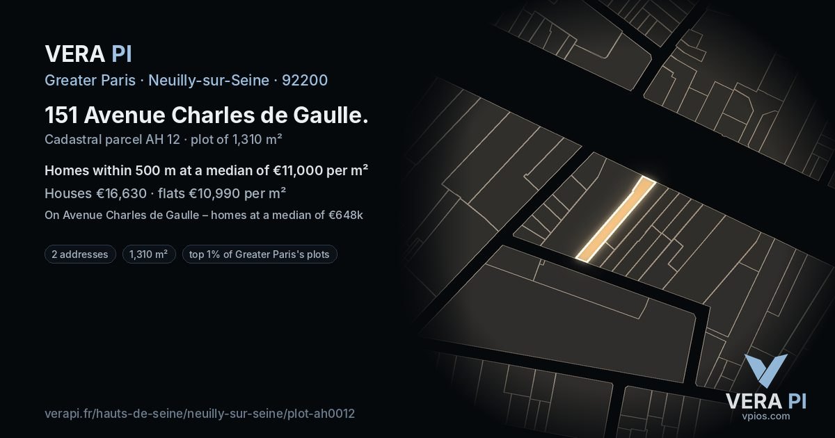151 Avenue Charles de Gaulle, Neuilly-sur-Seine at night – the plot lit, the parcels around coloured by the prices near them