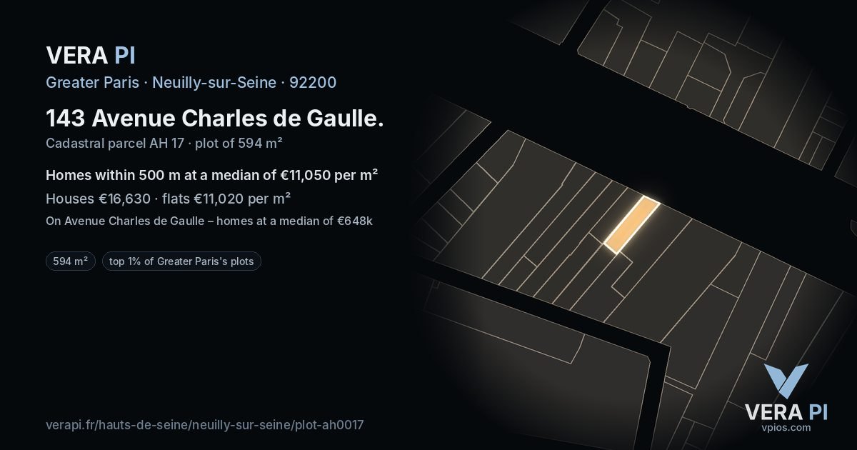 143 Avenue Charles de Gaulle, Neuilly-sur-Seine at night – the plot lit, the parcels around coloured by the prices near them