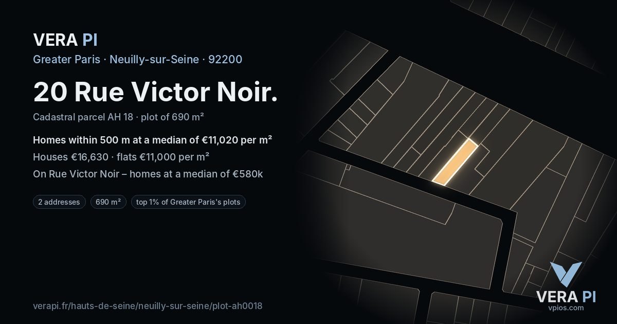 20 Rue Victor Noir, Neuilly-sur-Seine at night – the plot lit, the parcels around coloured by the prices near them